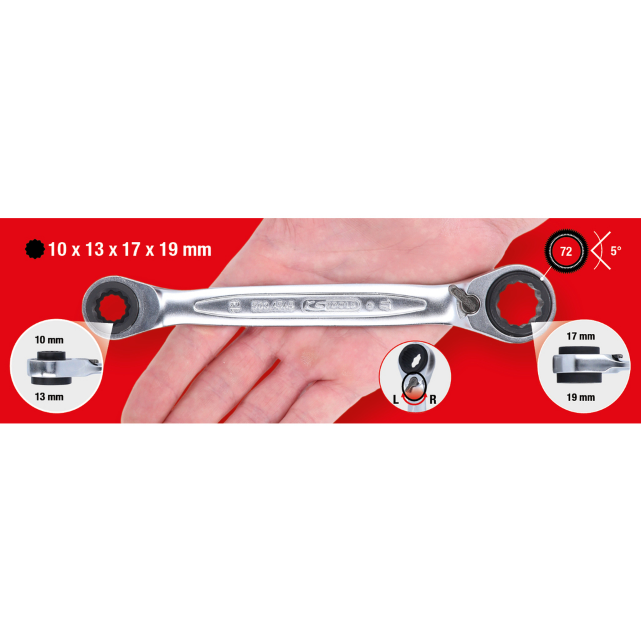 4 in 1 GEARplus umschaltbar Doppel-Ratschenringschlüssel, 10x13x17x19mm